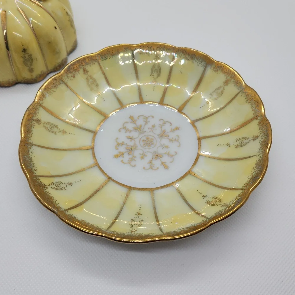 Vintage Royal Sealy Porcelain Yellow and Gold Lusterware 3 Footed Tea Cup,Saucer - Picture 5 of 6